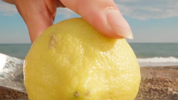 Разрезал Лимон Две Половинки Фоне Моря Волн Камера Проходит Через — стоковое видео