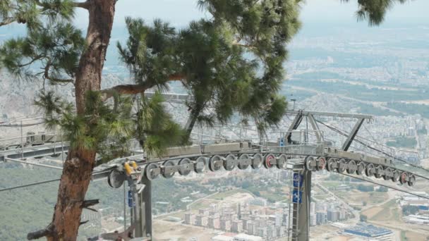 Cable Car Funicular Rollers Poles Close Funicular Passes Trees Mountains — Stock Video