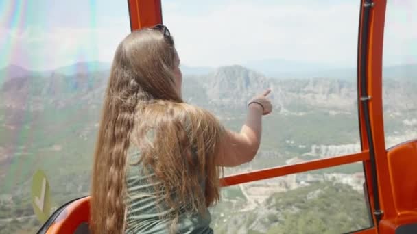 Young Woman Sitting Funicular Points Rocks Window Cable Car Ride — Stock Video