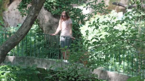 Mladá Žena Stojí Můstku Dívá Horskou Řeku Summer Procházka Vodopádům — Stock video