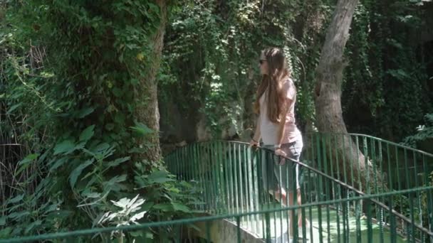 Tânăra Stă Pod Uită Depărtare Copaci Verzi Summer Plimbare Cascade — Videoclip de stoc