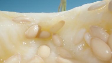 Yarım kavun, içinde tohumlar, parlak güneş ve mavi gökyüzü. Yanında küçük bir parça var. Dolly kaydırıcı aşırı yakın çekim.