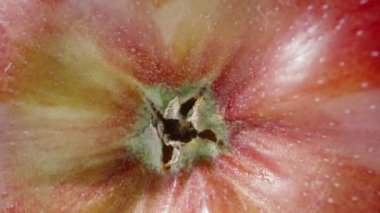 Güneşte büyük kırmızı elma, mavi gökyüzü, süper zum. Dolly Slider aşırı yakın çekim. Laowa Sondası