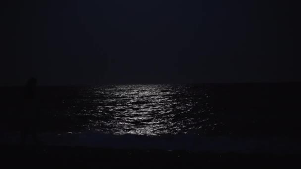 Noche Luna Mar Olas Silueta Una Joven Que Camina Por — Vídeo de stock