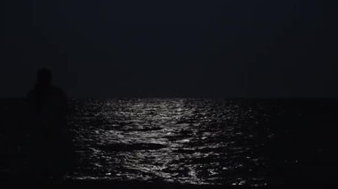 Okyanus kıyısındaki bir gece sahilinde genç bir kadının silueti. Suya doğru yürüyor, rüzgar elbisesini emiyor..