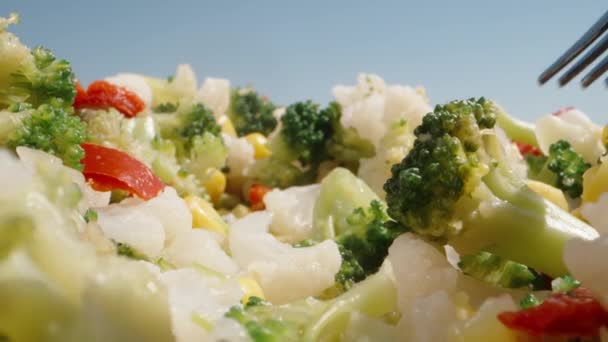 蔬菜的混合物 我用叉子刺花椰菜 花椰菜 西兰花 多汁的健康食品 多莉滑行极端特写 Laova Probe — 图库视频影像