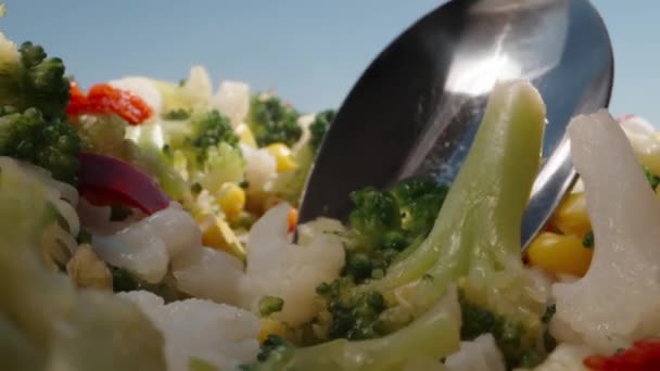 Mixture Vegetables Take Cauliflower Spoon Cauliflower Broccoli Corn Juicy Healthy — Stock Video