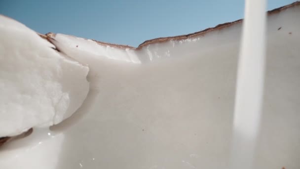 Een Halve Kokosnoot Giet Kokoswater Sneeuwwitje Zomer Frisheid Dolly Slider — Stockvideo