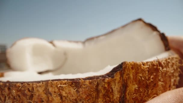 Halv Kokosnöt Jag Häller Kokosvatten Den Snövitt Kött Sommar Friskhet — Stockvideo