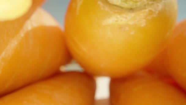 Raw Fresh Carrots White Table Camera Passes Carrot Dolly Slider — Stock Video