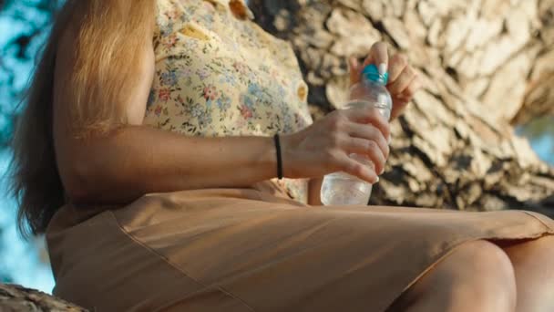 Młoda Kobieta Siedzi Drzewie Sosno Pije Wodę Błękitne Niebo Zachód — Wideo stockowe