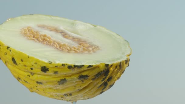 Polovina Žlutého Melounu Kostmi Kapky Vody Něj Kape Proti Modré — Stock video