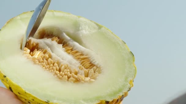 Mezzo Melone Giallo Con Ossa Raccogliendo Ossa Con Cucchiaio Contro — Video Stock