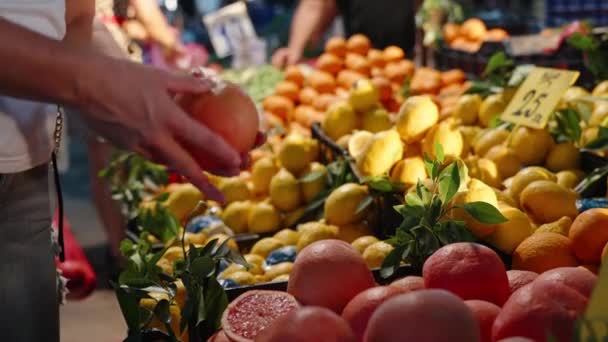 Mercado Legumes Caixas Laranjas Limões Sob Raios Sol Uma Menina — Vídeo de Stock