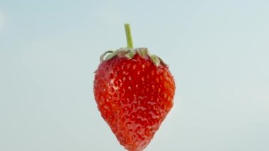 Çilekler mavi gökyüzünün arka planında döner, yakın plan.