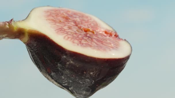 Jumătate Dintr Smochină Suc Carne Roşie Cer Albastru Locație Laterală — Videoclip de stoc
