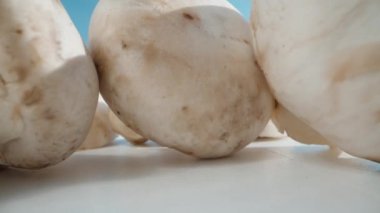 Beyaz bir masaya saçılmış şampiyon mantarı. Kamera onların arasından geçiyor ve ben bir tane alıyorum. Mavi gökyüzüne doğru. Dolly kayıyor. Çok yakın plan..