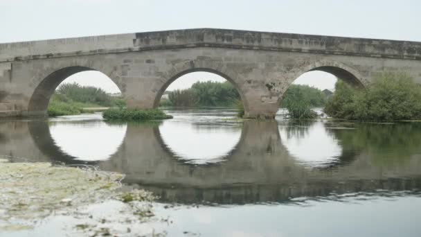 Puente Ladrillo Con Tres Arcos Cruzando Río Hierba Verano Agua — Vídeo de stock