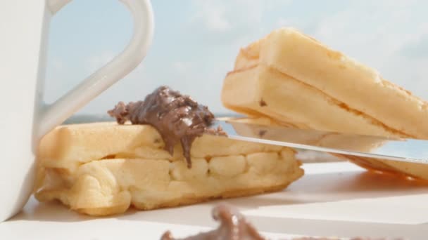 Vídeňské Vafle Namazané Čokoládou Spojím Kamera Projde Čokoládou Dolly Slider — Stock video