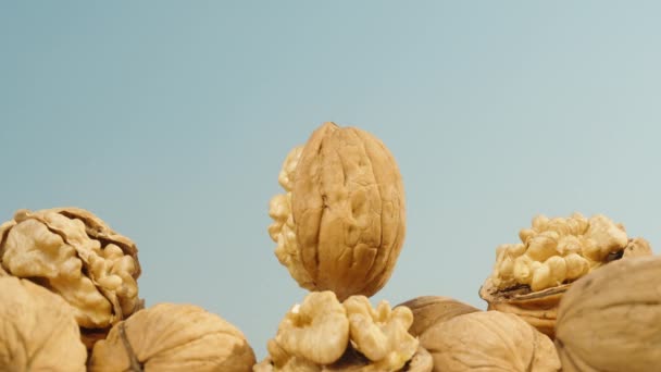 Walnut Split Half Rotates Sky Handful Nuts — Stock Video