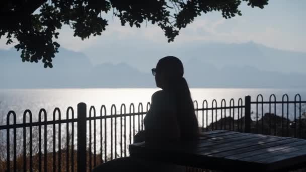 若い女性は木の下のテーブルに座って海と山を見ている — ストック動画