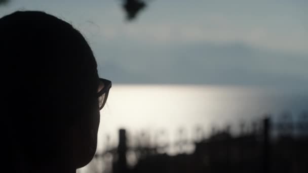 Una Joven Mujer Bajo Árbol Sombra Mirando Mar Las Montañas — Vídeo de stock