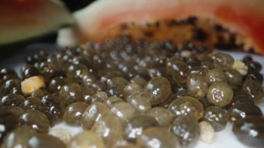 Papaya tohumları, arka plana odaklan, papaya 'nın yattığı yere, süper makro