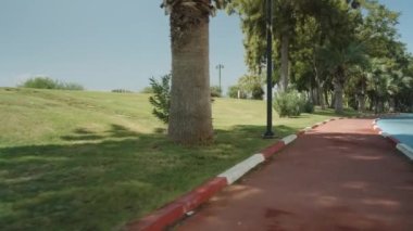 Parktaki kırmızı ve mavi yollar, palmiye ağaçları, hareket halindeki ellerle ateş ediyorlar.