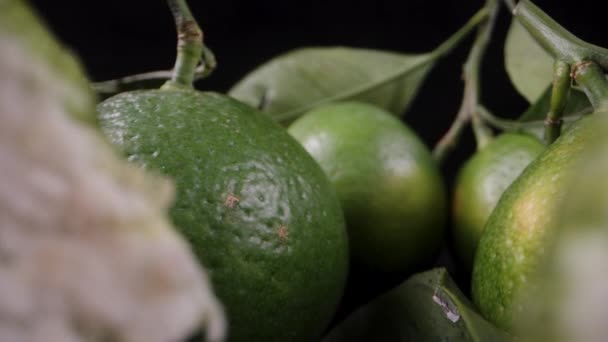 Mandarine Fundal Negru Camera Trece Printr Mandarină Verde Sfâșiată Jumătate — Videoclip de stoc