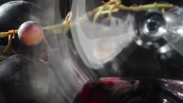 摄像机从一杯红酒中滑出 桌上有葡萄 多利滑翔机极端特写 — 图库视频影像