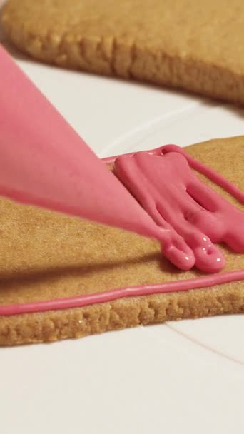 Pastry Chef Decorates New Year Gingerbread Cookies Colorful Glaze Vertical — Stock Video