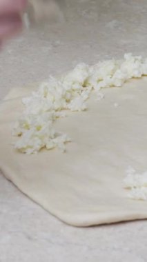 Genç bayan geleneksel Khachapuri 'yi yumurtalı hazırlıyor. Hamur ve peynir, fırına dikey video koyun..