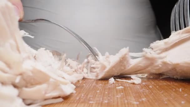 Μάγειρας Σκίζει Φέτες Από Βραστό Κοτόπουλο Ένα Πιρούνι Εξαιρετικά Κοντινό — Αρχείο Βίντεο
