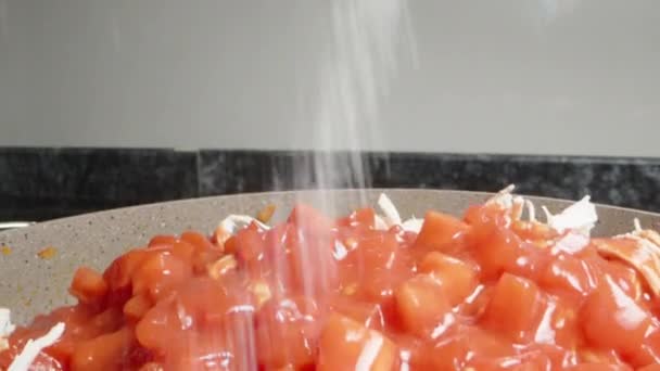 Λαζάνια Γεμίζουν Σάλτσα Ντομάτας Πασπαλίζουν Αλάτι Κοντινό Πλάνο — Αρχείο Βίντεο