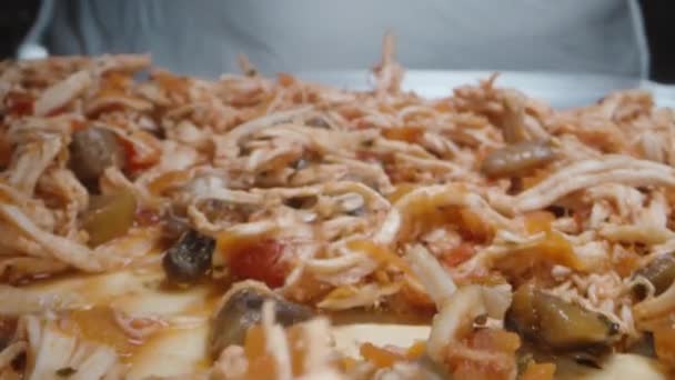 Cuisinier Répartit Garniture Sur Pâte Lasagnes Curseur Extrême Gros Plan — Video