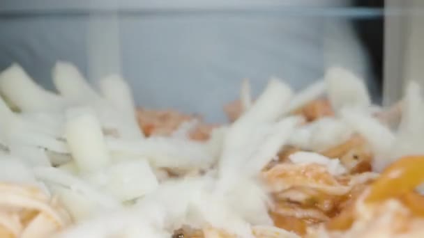 Potongan Keju Jatuh Atas Lasagna Dolly Slider Extreme Close — Stok Video