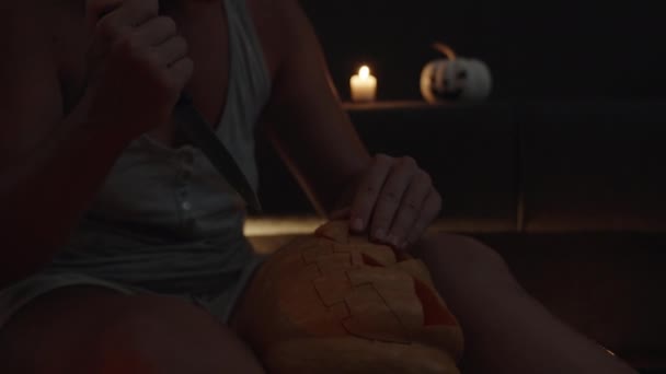 Sweaty Young Woman Carves Pumpkin Halloween Night Sentences Something Close — Stock Video