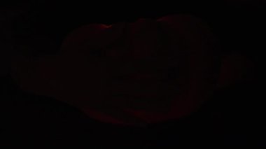 Cadılar Bayramı 'nda dönen bir balkabağı karanlıkta belirir. Mumlar yanıyor..