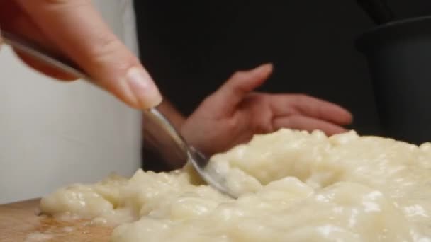 Young Woman Makes Mashed Bananas Kneads Them Fork Close — Stock Video