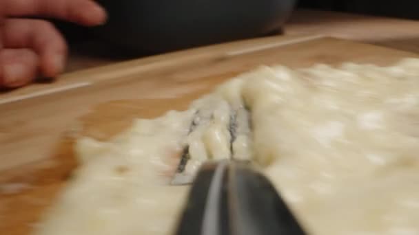 Cook Makes Banana Puree Kneads Fork Pov Extreme Close — Stock Video