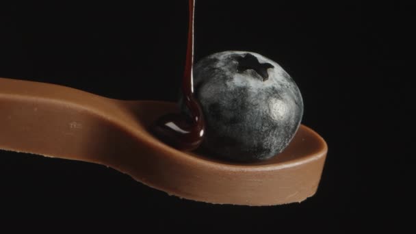 チョコレートスプーンにブルーベリーベリーが1つあり チョコレートがその上に注がれ 非常にクローズアップ — ストック動画