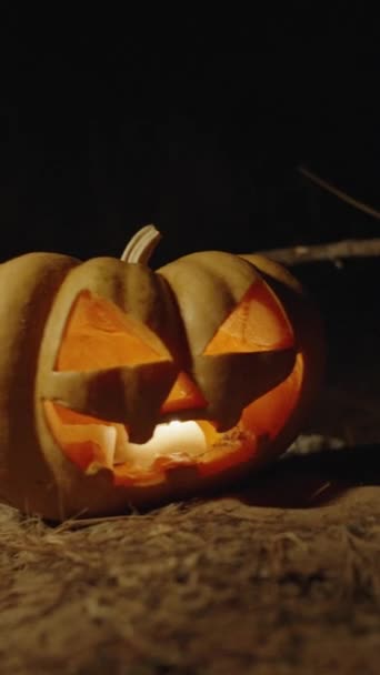 Vertikal Video Halloweenpumpa Grav Natten Rör Sig Kameran Mot Korset — Stockvideo