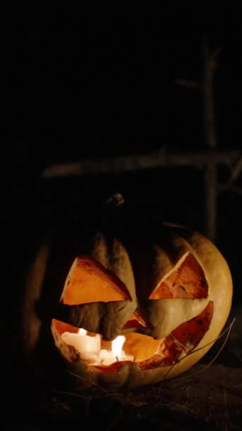 Függőleges Videó Egy Halloweeni Tök Gyertyákkal Síron Áll Egy Ráesik — Stock videók