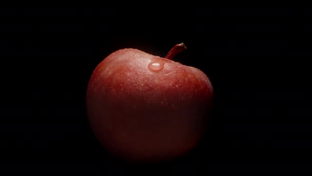 一个红色的苹果在水滴中 在黑色的背景上旋转 — 图库视频影像