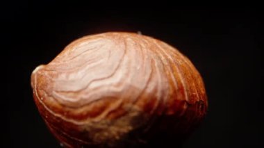 Soyulmuş fındık, aşırı makro fotoğraf, yavaş düşüş. Siyah arkaplanı ayır. Döndürme.