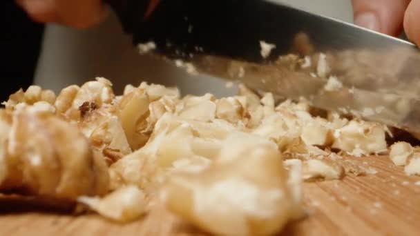 Crumble Walnuts Knife Wooden Table Close — Stock Video
