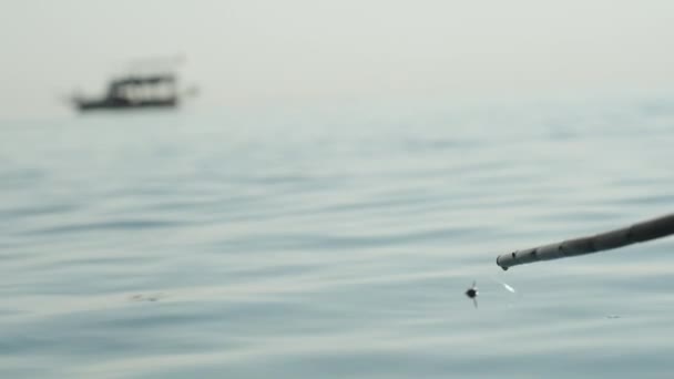 自家製竹釣りロッド フロートは沈み 魚はフックの上にあります バックグラウンドのヨット クローズアップ スローモーション — ストック動画