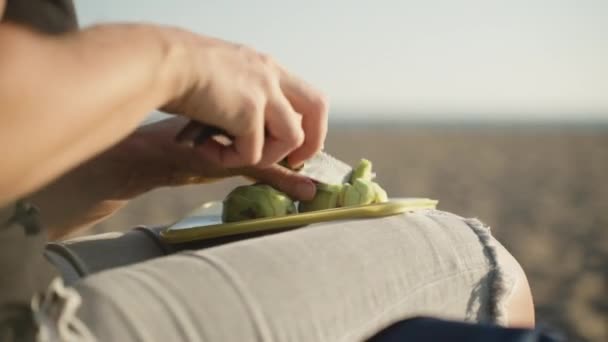 Sonne Und Meer Das Mädchen Schneidet Avocado Auf Einem Brett — Stockvideo