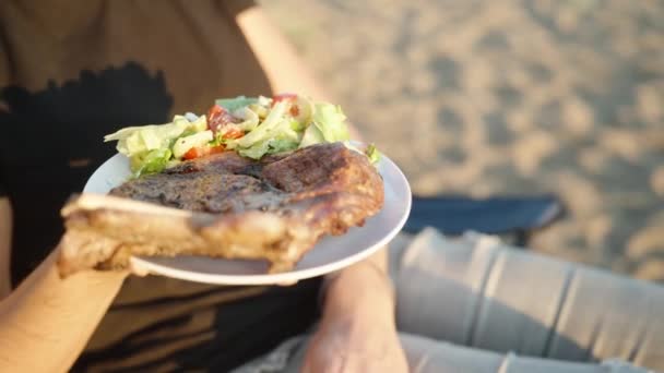 海でビーチでピクニック 折りたたみ椅子の若い女性は ステーキと野菜のサラダでプレートを保持しています クローズアップ — ストック動画