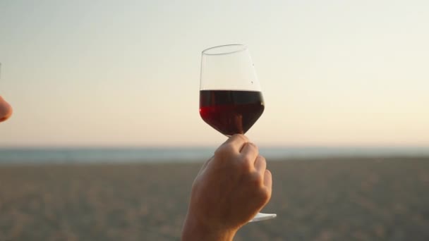 Deniz Kenarında Romantik Bir Buluşma Genç Kadın Kadehte Şaraba Bakar — Stok video